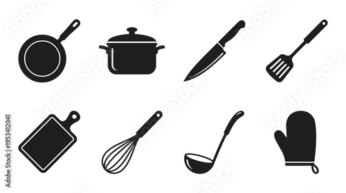 Kitchen Utensil Icons: Black and White Cooking Tools for Culinary Design