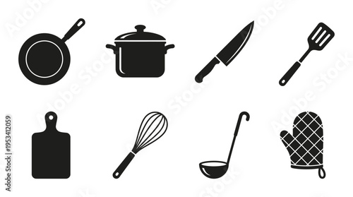 Kitchen Utensil Icons: Black and White Cooking Tools for Culinary Design