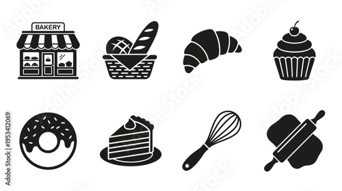 Baking Tools Icons: Black and White Pastry Labels for Kitchen Design