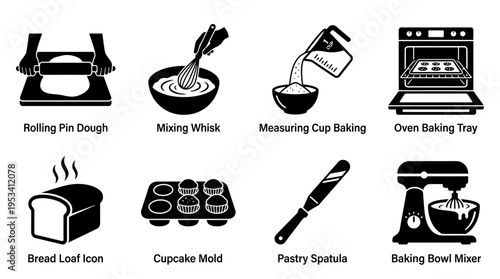 Baking Tools Icons: Black and White Pastry Labels for Kitchen Design