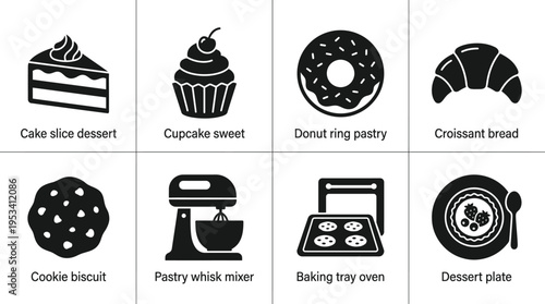 Baking Tools Icons: Black and White Pastry Labels for Kitchen Design