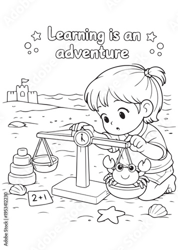 coloring book page girl balancing objects on a scale and learning with a little crab friend