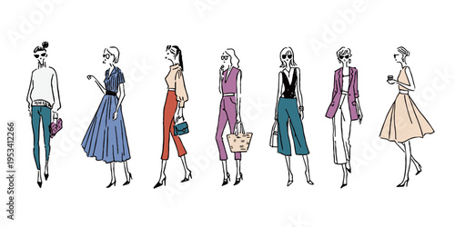 手書き風のファッショナブルな女性のイラスト カラー　7種類セット（ベクター素材）