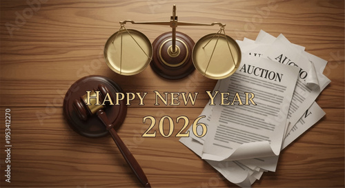 Happy new year 2026 with scales gavel and auction papers on wooden desk symbolizing law and justice