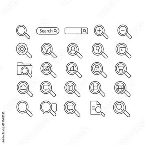 Search Magnifying Glass Icon Set Collection Outline Style Isolated on White Background