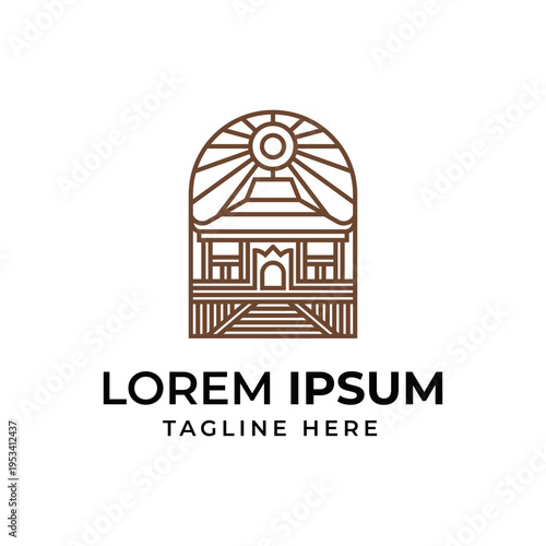Vector illustration of an abstract house building design featuring an ancient traditional java icon art style for a modern real estate business company logo or construction architecture symbol