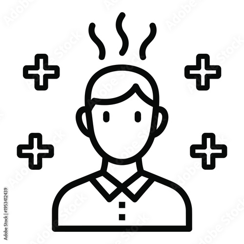 Sick man with fever and medical plus signs around head  health issues icon