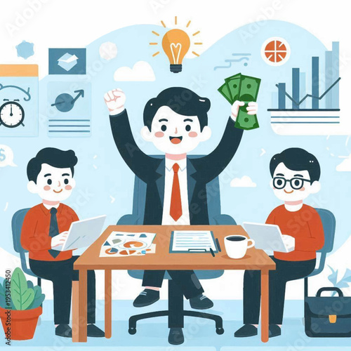 Cartoon office scene 3 people at a table one raising cash