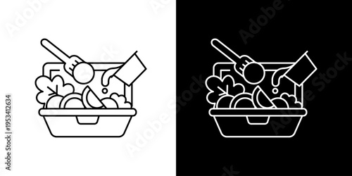 Healthy Takeout Meal Icon Representing Fresh Salad in a Container with Fork and Dressing Pouring