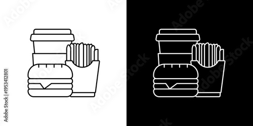 Clean and modern line art icon featuring a classic fast food meal set, including a hamburger, french fries, and a soda drink, ideal for digital menus and graphic designs
