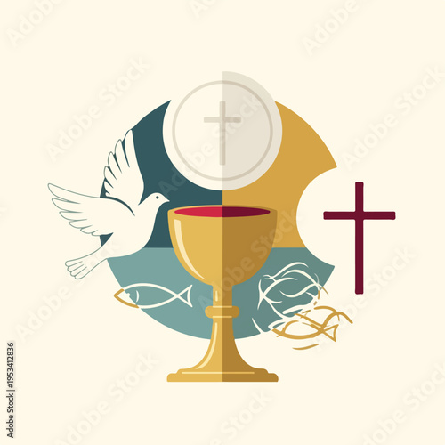Symbolic religious image with chalice, cross, dove, and fish icons