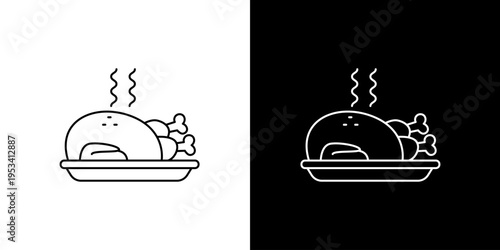 Roasted chicken on a platter, line art icon illustration in black and white, perfect for culinary or restaurant themes