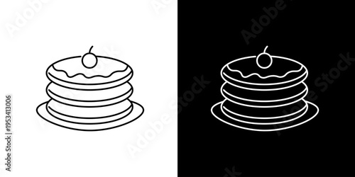 Single icon of stack of pancakes with cherry on top, presented in both black and white outline illustration styles