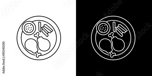 Classic Fried Chicken Meal Plate with Golden French Fries and Dipping Sauce Line Art Icon Design for Food Menus and Apps