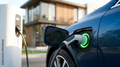 A blue electric car being charged at a white station in front of a modern house
