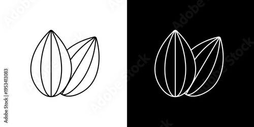 Simple Line Icon Drawing of Three Almonds on Black and White Backgrounds