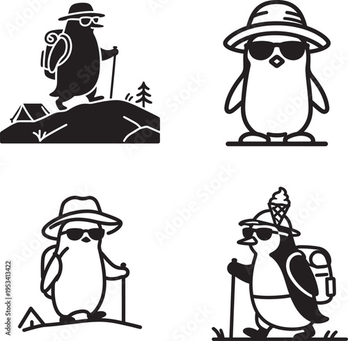 Adventurous Penguin Mascot Vector Set: Minimalist Black and White Icons of a Cool Penguin Character Hiking, Boating, and Camping with Sunglasses and Backpack