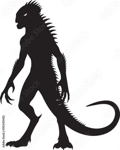 Reptilian humanoid creature vector silhouette illustration with sharp claws and spiked tail