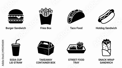 Fast Food Icons: Black and White Silhouette Labels for Restaurant Marketing