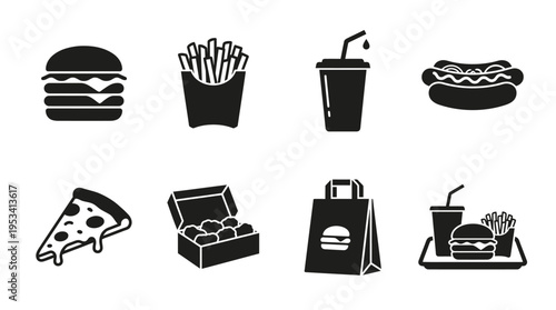 Fast Food Icons: Black and White Silhouette Labels for Restaurant Marketing