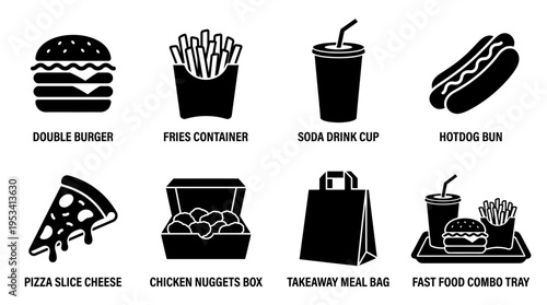 Fast Food Icons: Black and White Silhouette Labels for Restaurant Marketing