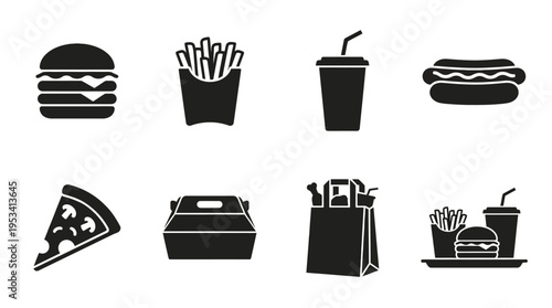 Fast Food Icons: Black and White Silhouette Labels for Restaurant Marketing