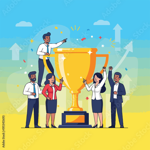 Team of diverse professionals celebrating a win around a golden trophy