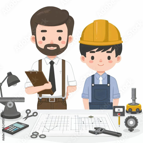 Two cartoon engineers stand behind a table with tools and a blueprint