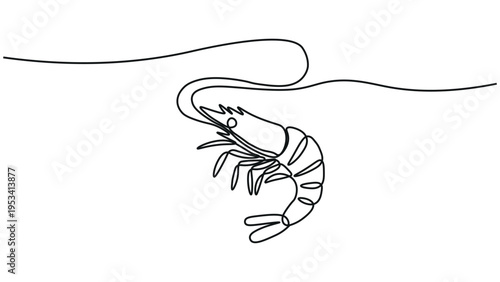 A stylized line drawing of a shrimp with a curled tail and antennae.