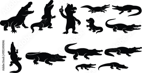 Alligator silhouette pose set. Crocodile reptile wildlife vector collection with multiple predator shapes and cartoon mascot. Black isolated swamp reptiles.