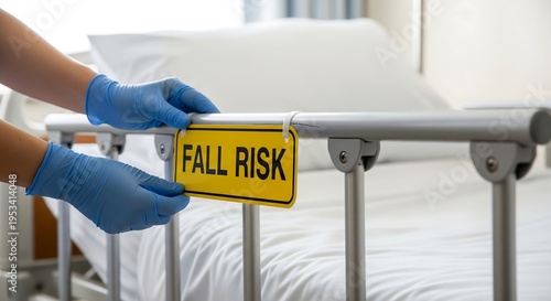 A healthcare professional in blue gloves attaches a yellow 'FALL RISK' sign to the side rail of a hospital bed.