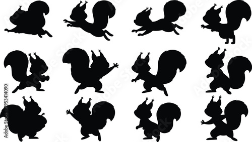 Cartoon squirrel silhouette collection. Funny woodland squirrel character vector set. Playful squirrels jumping, dancing and running in different poses.
