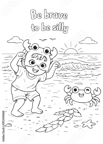 coloring book page boy putting on a playful hat and acting silly with a crab companion