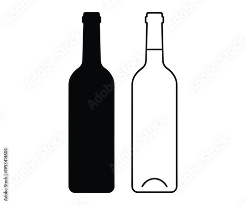 Two wine bottles one black silhouette and one outline on white background