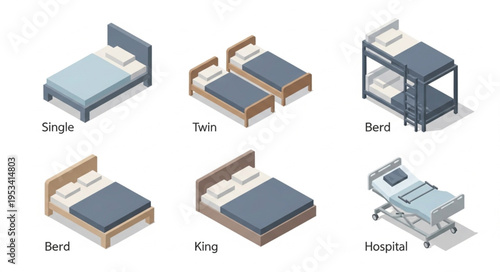 Various types of beds shown in isometric view.