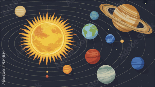 Vector illustration of the solar system with planets and sun in space educational astronomy diagram