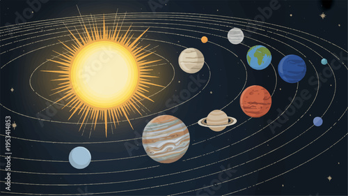A vibrant vector illustration of the solar system with planets and the sun in a dark space background with orbits and stars