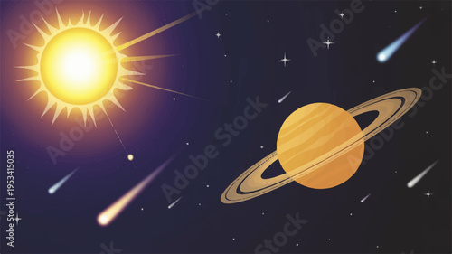 Vibrant cosmic scene with sun planets and meteors in a starry night sky illustrating celestial bodies and space