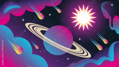 Vibrant cosmic scene with a planet ringed saturn like world shooting stars and a radiant sun in a purple and blue galaxy background