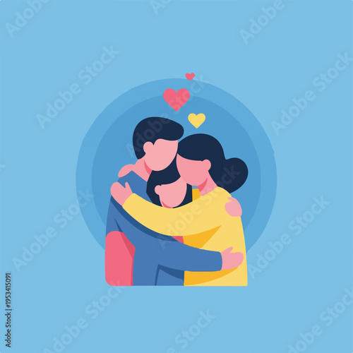 Three people hugging each other, with floating hearts around them