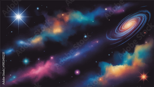Vibrant galaxy illustration with stars planets and colorful nebulae in deep space cosmic background