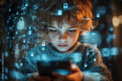 Kid boy with a phone, surrounded by a cybersecurity hologram and padlock circuit, representing digital security and protection for young users, Generative AI