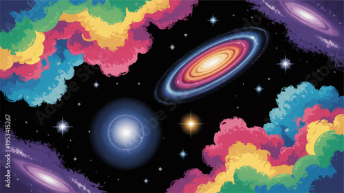 Vibrant outer space vector illustration with colorful nebulae stars and galaxies in a stunning cosmic landscape