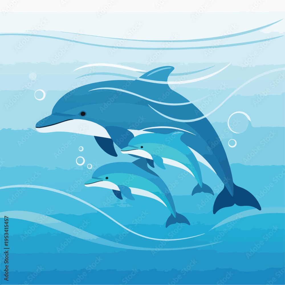 Obraz premium Three stylized aquatic animals swimming in shades of ocean blue