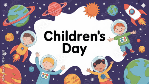 Children's day banner with cartoon kids in space suits and planets on a starry night background celebrating kids