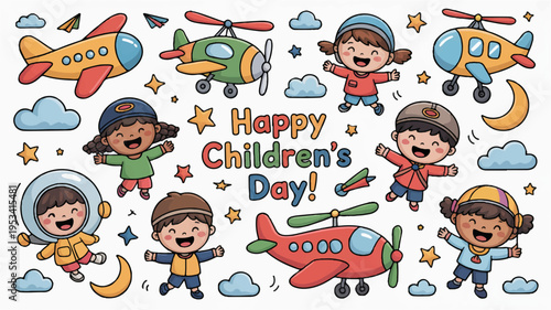Whimsical children's day illustration with happy kids airplanes and space elements on white background