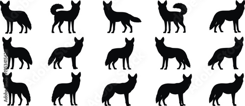 Aardwolf silhouette set. African striped hyena relative wildlife vector collection. Multiple black isolated mammal poses standing and alert.