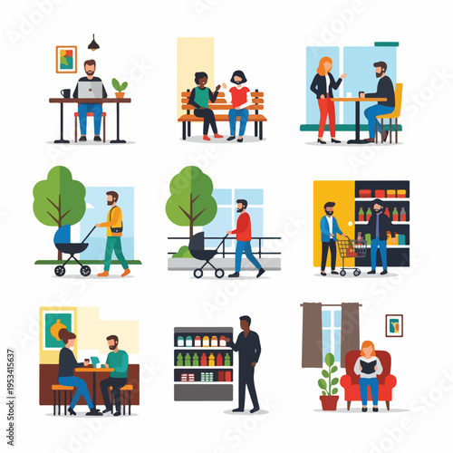 Various scenes of people doing everyday activities in different settings