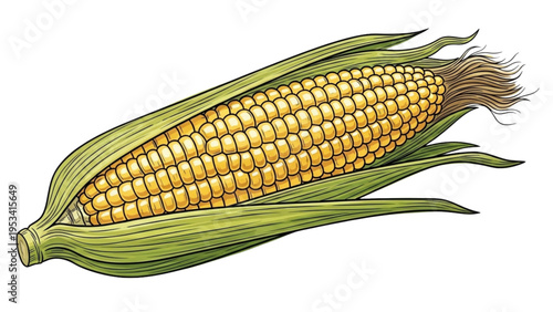 An ear of corn is partially peeled back to reveal yellow kernels inside