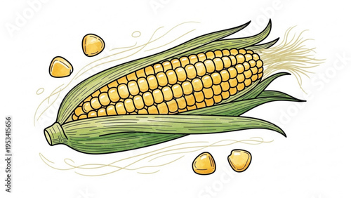 A vibrant illustration of corn on the cob with kernels and leaves.